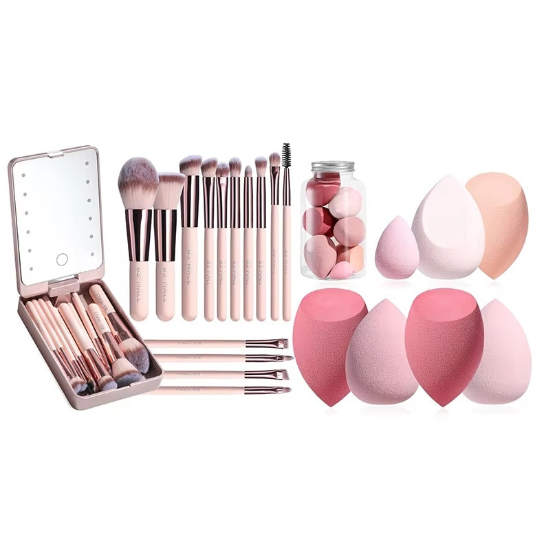 Makeup Brushes With Case Set Portable LED Mirror