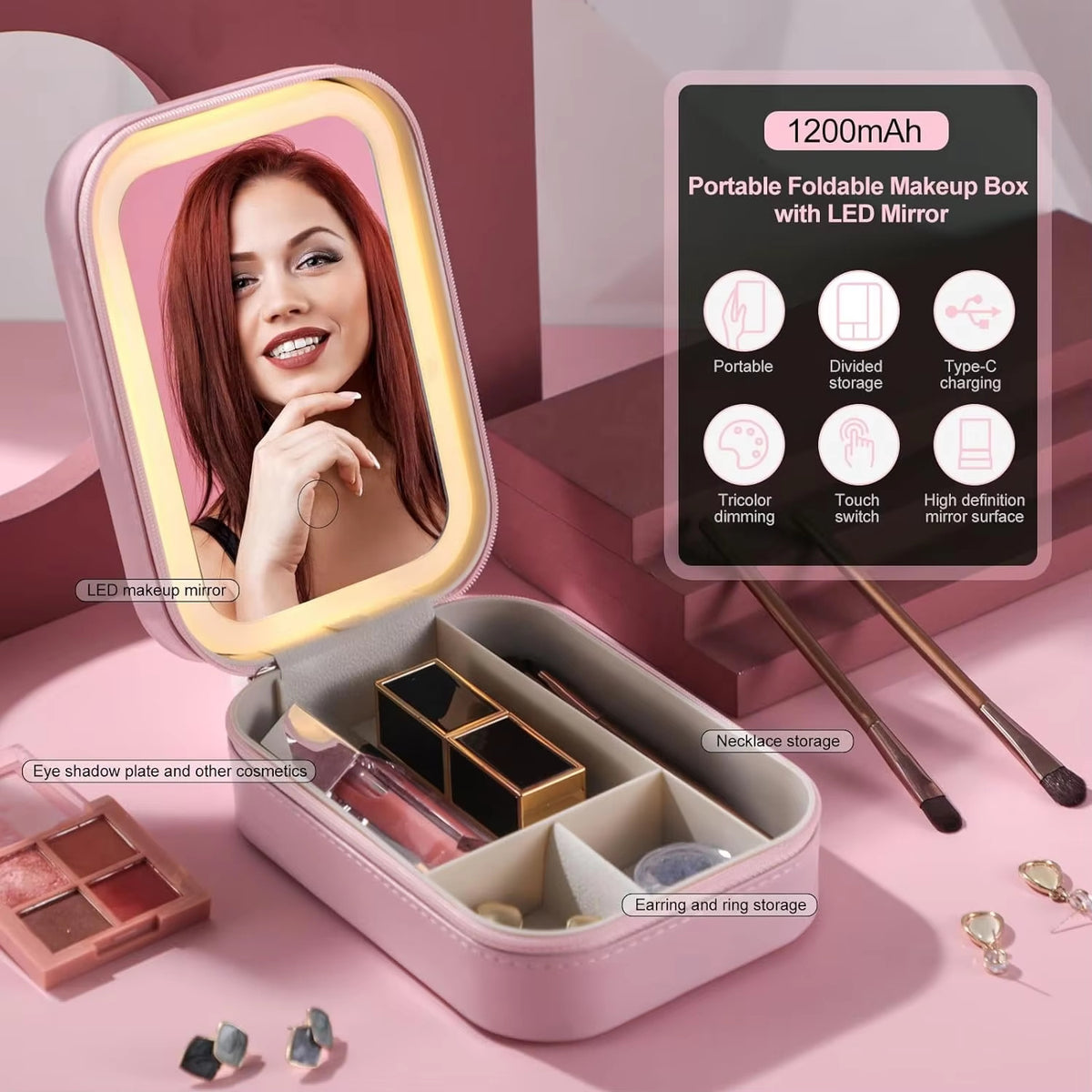 Makeup Brushes With Case Set Portable LED Mirror